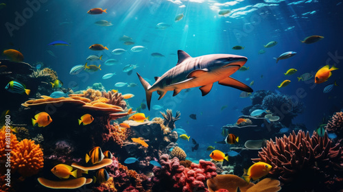 Sharks and schools of colorful fish in the underwater coral reef Stunning shadow Contrasting sea and orange colors Adventures of colorful fish and sharks © เลิศลักษณ์ ทิพชัย