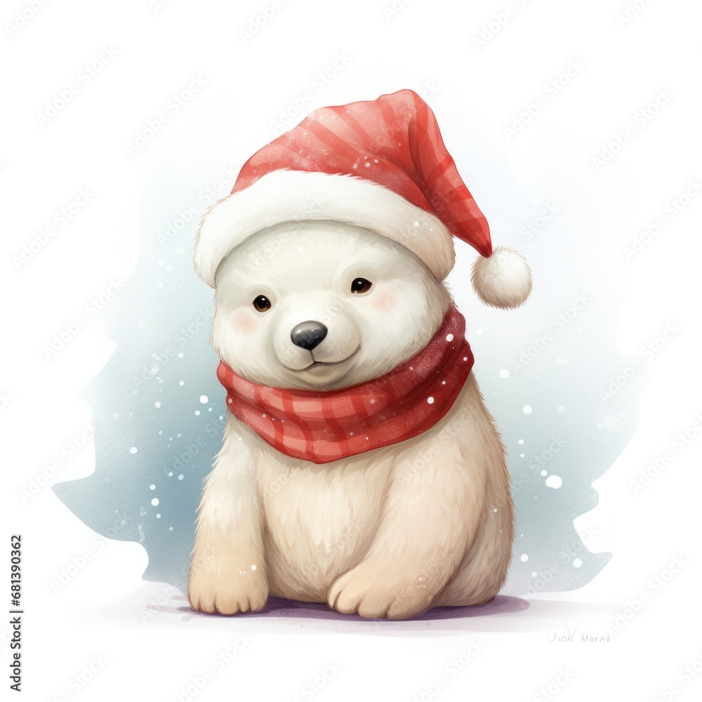 Holiday delight, polar bear cub in festive attire, soft snow ambiance, for endearing seasonal images, Christmas joy.