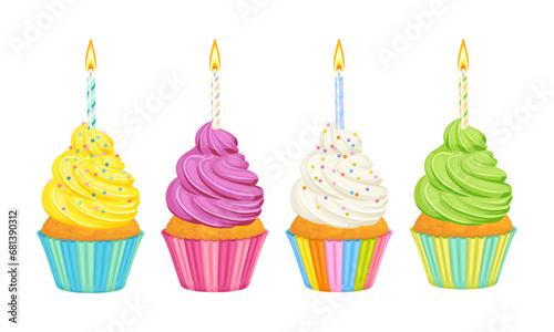 Set of birthday cupcakes with candles. Bright colorful festive pastry. Vector cartoon illustration.