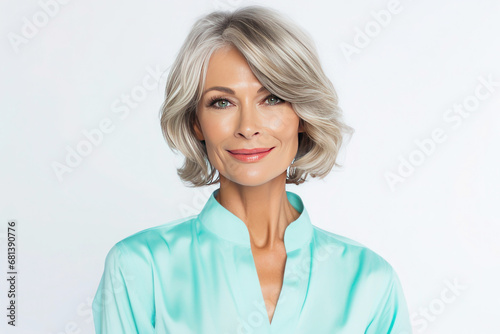 Portrait of beautiful well-groomed 50s mid age elderly modern woman with long bob haircut in cyan blouse on white background photo
