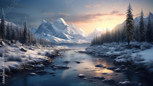 winter landscape  forest  mountains  snow falling  dawn  sunny  frozen river  snowy