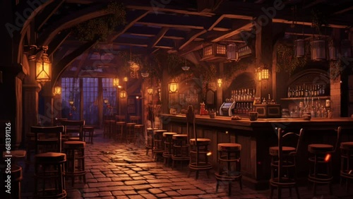 The atmosphere of a medieval bar at night with simple lighting. seamless time-lapse virtual 4k video animation backgrounds, anime or cartoon style. Generated with AI
