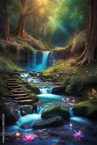 A waterfall in an enchanted forest. Fantasy landscape. Scenic forest background.