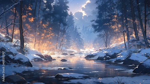winter landscape, forest, mountains, snow falling