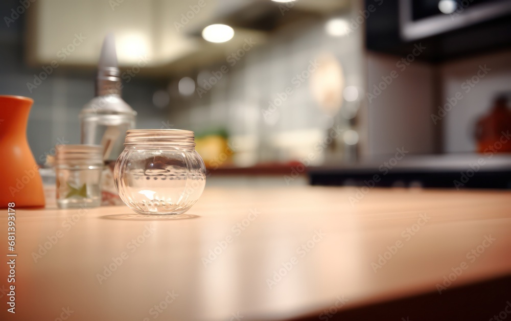 Tabletop with a blurred kitchen room the surface of a table or countertop, while the kitchen area behind it appears blurred. Tabletop with a blurred kitchen room the surface of a table or countertop, while the kitchen area behind it appears blurred.