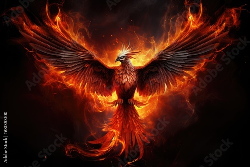Phoenix is flying burning with fire. Birds. Mythical creatures. by Generative AI © chartchai
