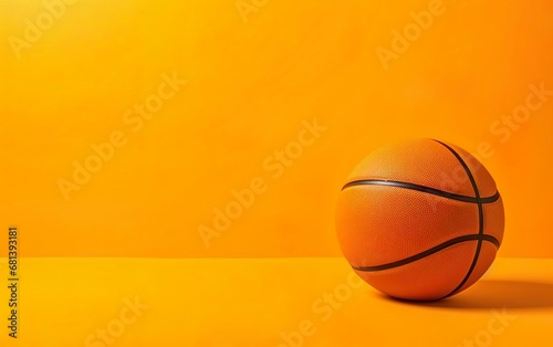 Photorealistic orange basketball ball isolated on warm yellow background, copy space. March madness poster design. Minimalistic banner. Open bright colors. AI Generative.