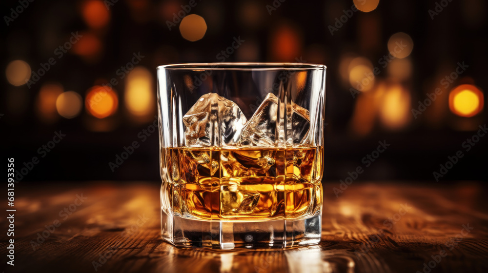 Whiskey with ice on wooden table in liquor store or bar counter with empty copy space Whiskey with ice on wooden table in liquor store or bar counter with empty copy space