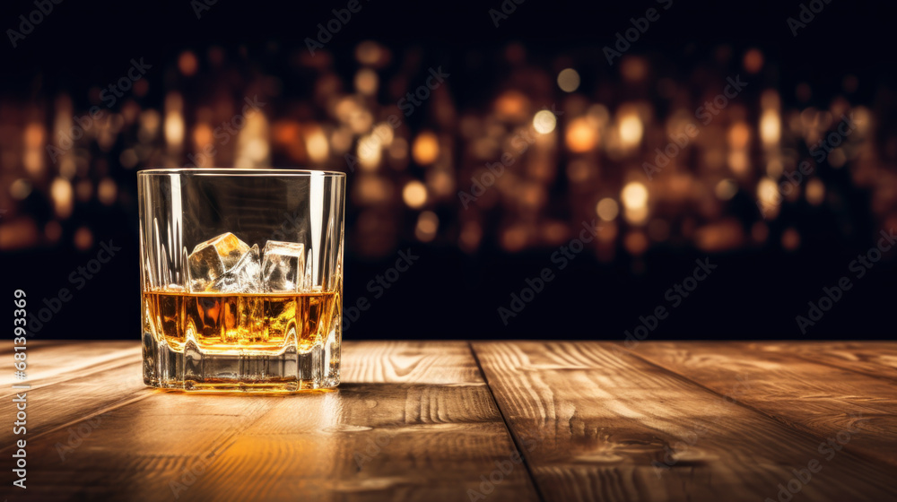 Whiskey with ice on wooden table in liquor store or bar counter with empty copy space - obrazy, fototapety, plakaty 