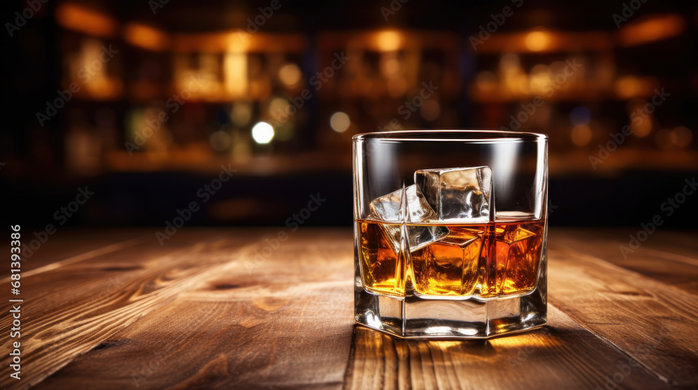 Whiskey with ice on wooden table in liquor store or bar counter with empty copy space Whiskey with ice on wooden table in liquor store or bar counter with empty copy space