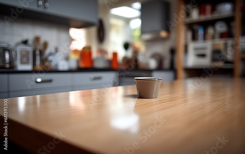 Tabletop with a blurred kitchen room the surface of a table or countertop, while the kitchen area behind it appears blurred.