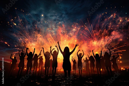 image of unidentical people dancing with silhouette image with firework background.by Generative AI.