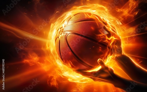 Two photorealistic hands catching orange basketball ball burning on black background. Fast dribble motion, goal. Sun burst motion rays. March madness poster design. Red fire flames. AI Generative.