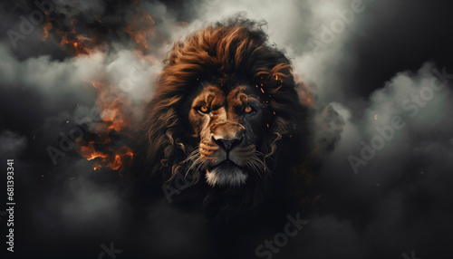 floating lion melting into steam and dark clouds
