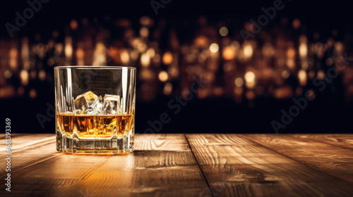 Whiskey with ice on wooden table in liquor store or bar counter with empty copy space photo