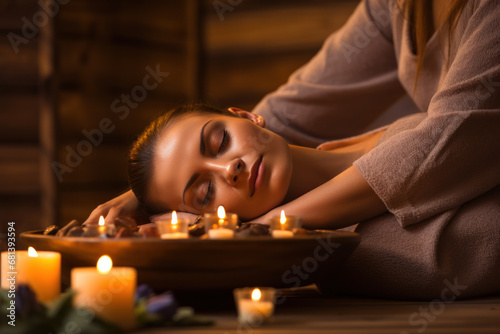 Young woman in beauty spa salon enjoys head massage or head massage. Beautiful woman uses hands to massage client's head on bed in spa.