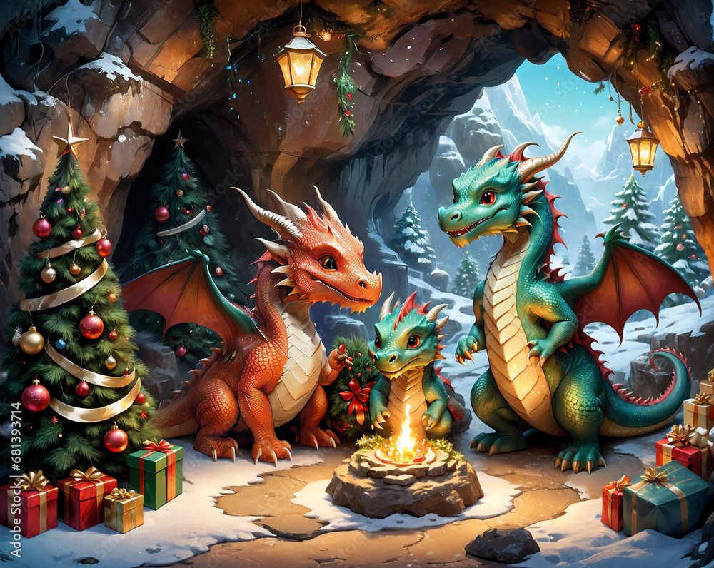 A family of cute dragons inside a cave is preparing for Christmas, holiday atmosphere, decorations, Christmas tree and gifts. Generated AI A family of cute dragons inside a cave is preparing for Christmas, holiday atmosphere, decorations, Christmas tree and gifts. Generated AI
