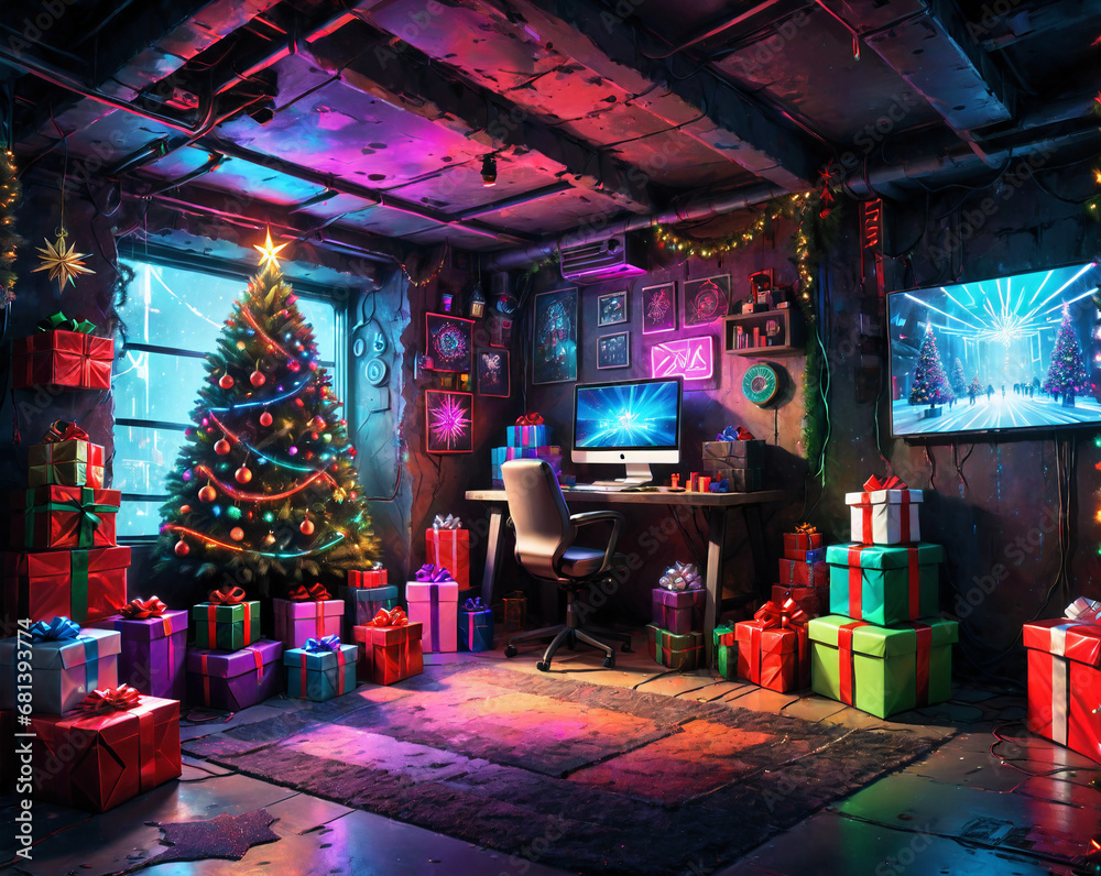Cyberpunk interior of a room decorated in New Year's style, neon signs, Christmas tree and gifts. Generated AI