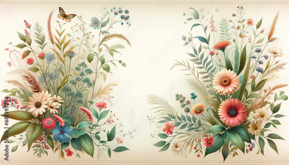 Vintage floral background with flowers and butterflies. Generative AI.
