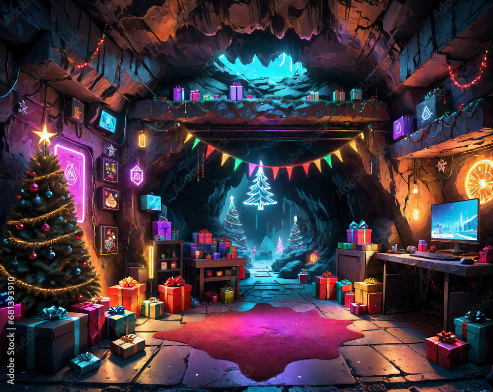 Cyberpunk interior of a cave decorated in New Year's style, neon signs, Christmas tree and gifts. Generated AI Cyberpunk interior of a cave decorated in New Year's style, neon signs, Christmas tree and gifts. Generated AI