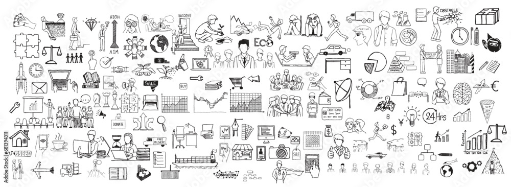 Business doodles hand drawn icons. Vector illustration. Business doodles Sketch set : infographics elements isolated,