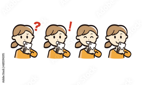 スマホを見る若い女性の様々な表情イラストセット