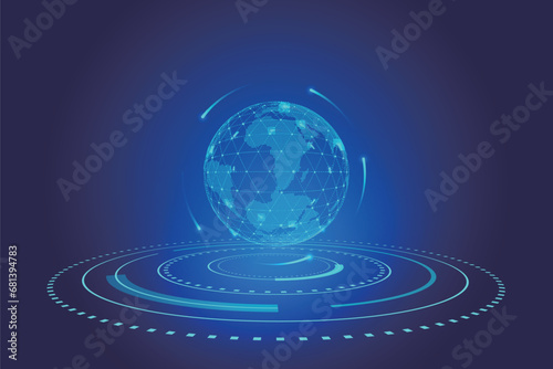 A hollow digital Earth floating above the tech turntable on a blue background.