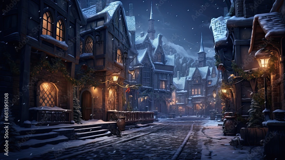 winter night city, narrow street, Christmas