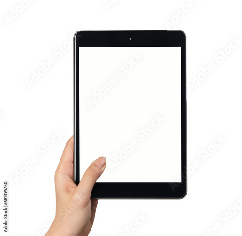 Hand holding the black digital tablet with mockup of blank screen on isolated background.