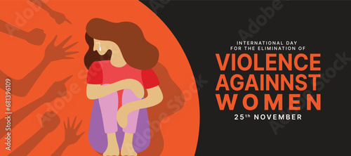 International Day for the Elimination of Violence Against Women - The woman sitting on the floor and cry and afraid of the shadow hands coming to attack on orange black background vector design