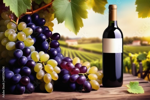 Bottle of red wine with white grapes in vineyard on sunny day