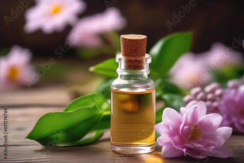 Essential oil in small bottle with pink flowers on wooden table.