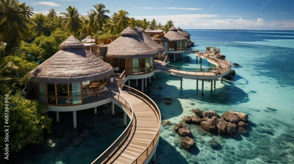 Luxury overwater villas from above. Aerial drone picture