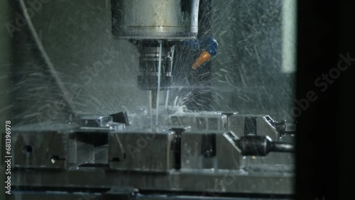 Title: Coseup Working CNC turning cutting metal Industry machine iron tools with splash water. photo