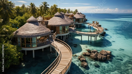 Luxury overwater villas from above. Aerial drone picture