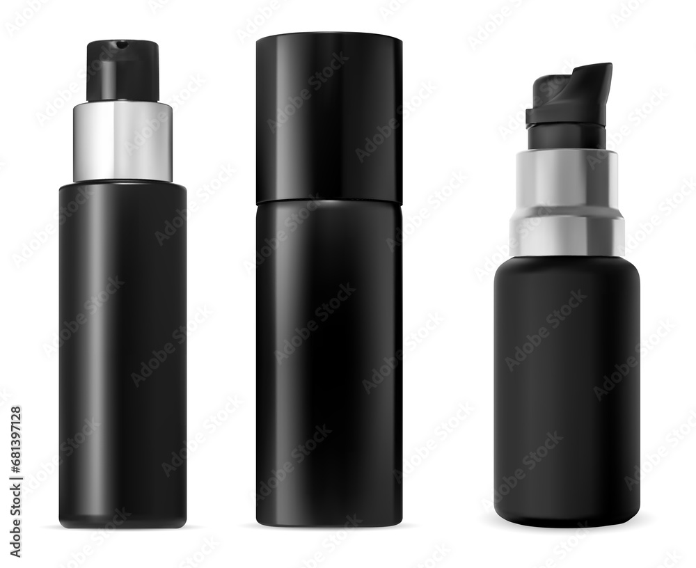 Black bottle mockup. Plastic foam spray tube vector template. Cosmetic product aerosol container, shaver lotion. Moisturizer gel pump package set. Serum or foundation packaging airless flacon