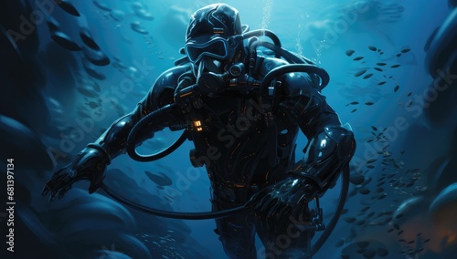 Diver diving with fish He is wearing a diving suit with an oxygen tank