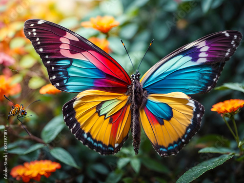 Colorful painted butterfly with wings spread out flying © Meeza