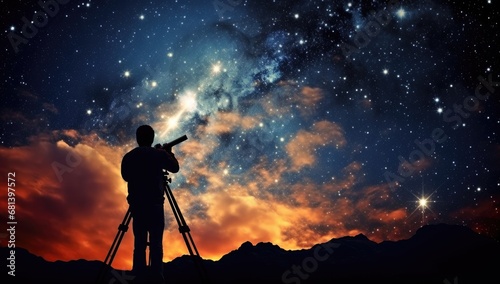 Silhouette of photographer with camera on tripod and starry sky © jambulart