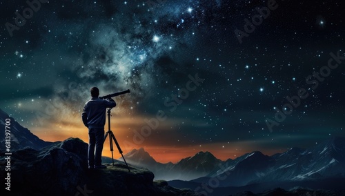 Silhouette of photographer with camera on tripod and starry sky