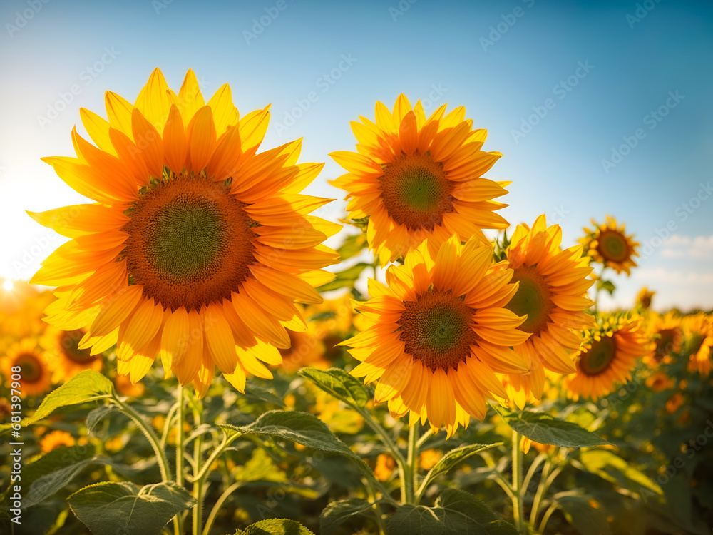Bright sunflowers bask in the golden sunlight