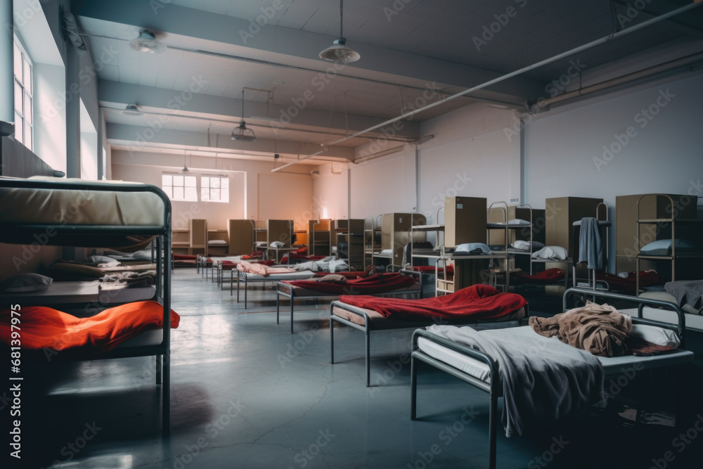 Rows of beds in a shelter. The concept is social assistance. - obrazy, fototapety, plakaty 