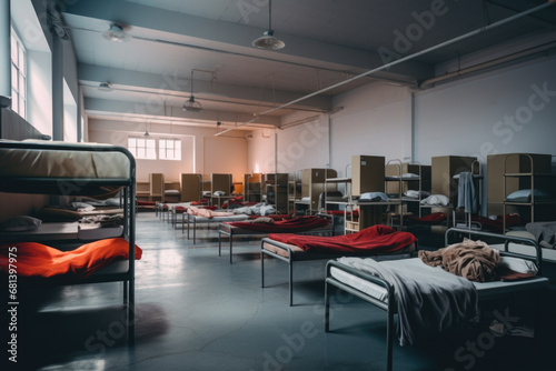 Rows of beds in a shelter. The concept is social assistance.