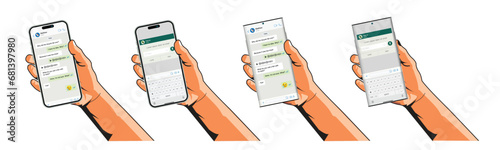 Hand holds the smartphone with messenger application. Flat vector modern phone mock-up illustration.