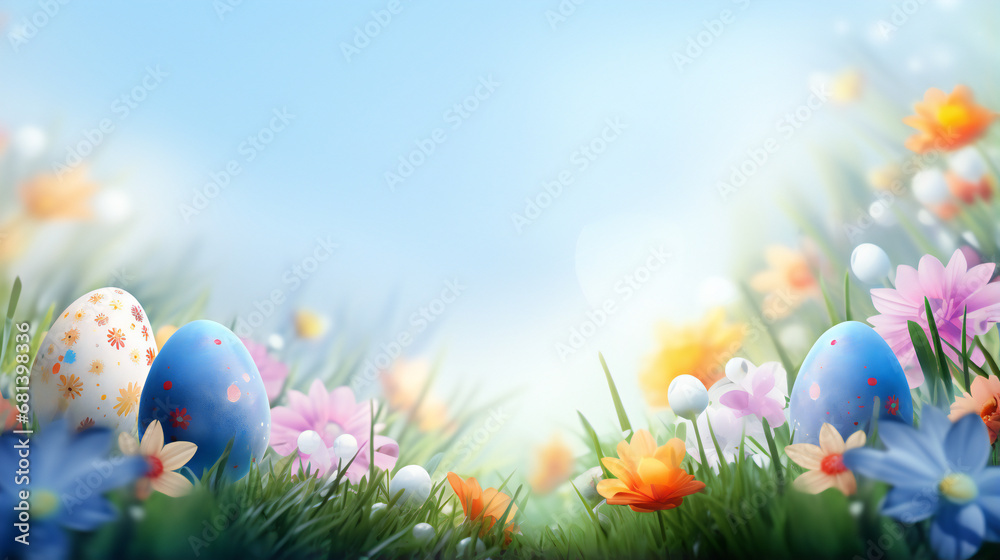 Art Easter eggs decorated with flowers in the grass on blue sky