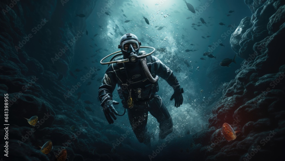 humans explore the depths of the sea while diving. humans explore the depths of the sea while diving.
