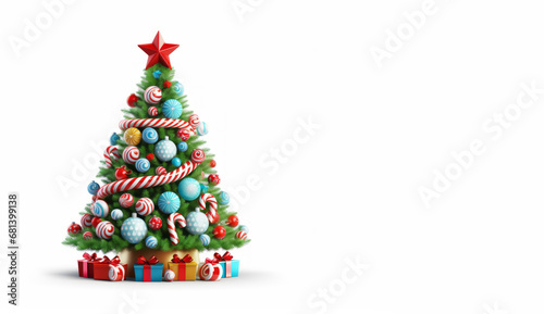 Decorated christmas tree with star, candies and gifts