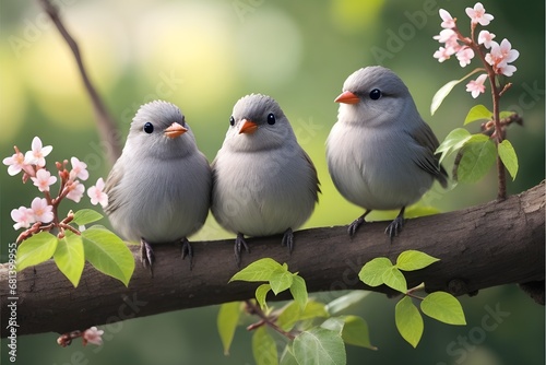 Couple of white-headed finch sitting on a branch with pink flowers