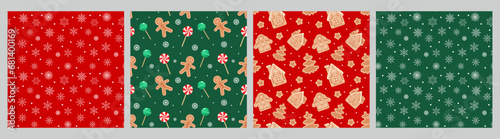 Collection of Christmas seamless patterns with gingerbread men, houses, snowflakes, Christmas candies and socks. Set of holiday backgrounds, vector