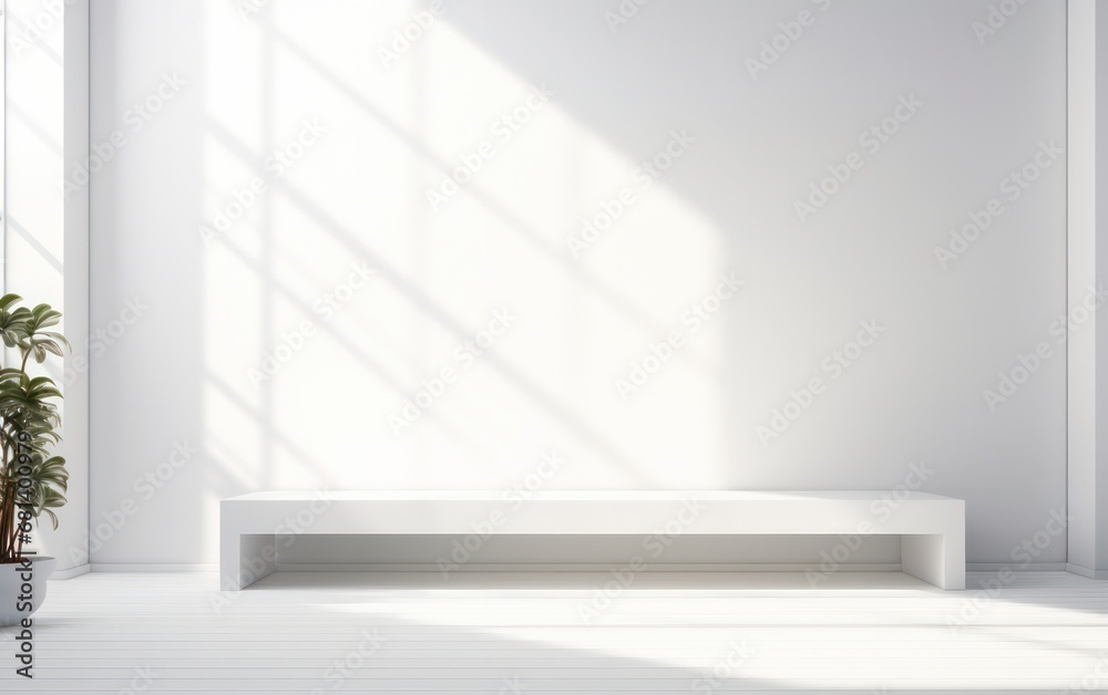 An abstract blank white studio background suitable for product presentations. This empty room is characterized by window shadows, creating an opportunity to display products against a blurred backdrop An abstract blank white studio background suitable for product presentations. This empty room is characterized by window shadows, creating an opportunity to display products against a blurred backdrop